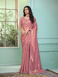 Pink Sequin Party Wear Saree with Embroidered Georgette - VJV Now Shimmer Saree, Peach Color Saree, Simple Saree Designs, Fancy Sarees Party Wear, Simple Sarees, Saree Designs Party Wear, Party Wear Saree, Sequin Embroidery, Trendy Sarees