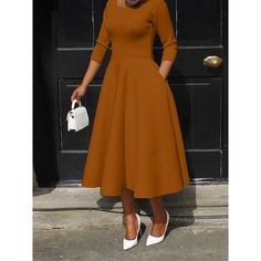 Season:Winter,Fall; Fabric:Polyester; Sleeve Length:3/4 Length Sleeve; Look After Me:Machine wash; Gender:Women's; Style:A Line,Elegant,Streetwear; Elasticity:Micro-elastic; Occasion:Daily,Street,Date; Fit Type:Slim; Dresses Type:White Dress,Casual Dress,Swing Dress,A Line Dress; Design:Pocket; Neckline:Crew Neck; Listing Date:11/24/2023; Bust:; Length:; Shoulder Width:; Sleeve:; Waist:; Fit US Size:; Fit UK Size:; Fit EU Size:; Dress Length Type:Midi Dress; Print Type:non-printing Corporate Dresses, Apostolic Clothing, Elegant Pattern, Church Outfits, Maxi Dress Evening, Daily Dress, Women Long Dresses, Waist Dress, Womens Maxi Dresses