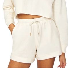 Nwt Weworewhat Shorts Drawstring Sweat Shorts Off-White Color Comfortable White Shorts For Spring, Comfortable White Spring Shorts, Comfortable White Bottoms For Day Out, Relaxed White Leisure Bottoms, Casual Cream Shorts For Loungewear, White Leisure Shorts, Relaxed White Shorts For Spring, Comfortable White Shorts For Day Out, Relaxed White Cotton Shorts