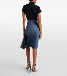 Denim pencil skirt in blue - Alaia | Mytheresa Chic Denim Midi Skirt For Work, Chic Midi Denim Skirt For Workwear, Chic Cotton Midi Pencil Skirt, Knee-length Cotton Skirt For Office, Chic Knee-length Cotton Pencil Skirt, Chic Fitted Knee-length Denim Skirt, Chic Workwear Denim Skirt With Lining, Chic Cotton Pencil Skirt, Elegant Cotton Pencil Skirt For Work