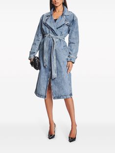 Trendy Denim Outerwear With Lapel Collar, Dark Wash Denim Outerwear With Lapel Collar, Denim Jacket With Belted Cuffs, Spring Denim Outerwear With Lapel Collar, Denim Outerwear With Lapel Collar For Spring, Long Sleeve Denim Jacket With Belted Cuffs, Denim Outerwear With Belt Loops For Work, Casual Denim Jacket With Belt Loops, Fall Denim Jacket With Belted Cuffs