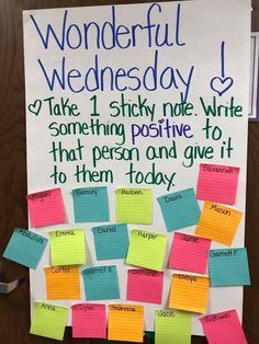 a bulletin board with sticky notes attached to it and the words wonderful wednesday written on it