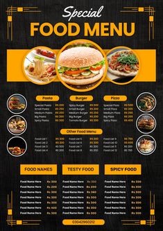 a black and yellow menu with food items on it