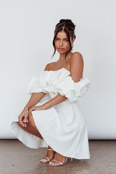 Shop the Kailynn Off-Shoulder A-Line Mini Dress White | Selfie Leslie White Off The Shoulder Dress, Selfie Leslie, Yellow Bridesmaids, Mini Dress White, Off Shoulder Fashion, 25th Birthday, Blue Bridesmaids, Date Night Dresses, Iron Material