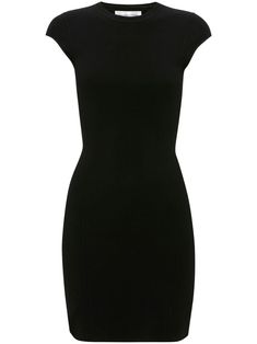 black stretch-design knitted construction round neck fitted waistline cap sleeves thigh-length straight hem Black Ribbed Dress In Elastane, Black Ribbed Elastane Dress, Ribbed Mini Length Dress, Black Stretch Crew Neck Dress, Fitted Crew Neck Evening Dress, Fitted Crew Neck Mini Dress For Work, Fitted Evening Dress With Crew Neck, Fitted Crew Neck Mini Dress, Black Bodycon Dress With Crew Neck