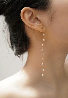 14K Gold Filled Stud Long Chain Dangle Pearl Earring. Fleurette Earring. Bridesmaid Gift. Boho Wedding Pearl Earring. Bridal Earring. - Etsy Elegant Drop Earrings, Bride Pearl Jewelry, Pearl Drop Earring, Wedding Accessories For Bride Jewelry, Bridal Earrings Hair Down, Stacked Pearl Earrings, Minimalist Accessories Jewellery, Chain Earrings Dangle, Long Earrings Wedding