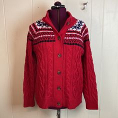 Lands End Red Button Up Christmas Sweater Womens Large Warm Winter Bulky Size L Cotton & Wool Blend Red With Black, White & Purple Accents Cable Knit Details Buttons Down Front Chest: 23” Waist: 23” Shoulder To Hem: 27” Brand New Without Tags! Looks Unworn Red Fair Isle Cardigan For Winter, Red Fair Isle Pattern Winter Cardigan, Red Fair Isle Winter Cardigan, Red Winter Sweater With Buttons, Red Sweater With Buttons For Winter, Red Buttoned Sweater For Winter, Red Winter Sweater With Button Closure, Red Button-up Winter Sweater, Red Button-up Cardigan For Winter