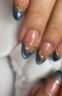 Nail Art Blue And Gold, Gold And Blue Nails Design, Unique French Nails, Nails Con Relieve, Nails Original, Fancy Nails Designs, Blue Tips, Nails Now