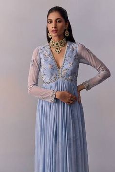 Blue padded anarkali with floral embroidery on bodice, embellished by beads and sequins. Comes with printed dupatta. - Aza Fashions Elegant V-neck Anarkali Set With Resham Embroidery, Elegant Anarkali Set With V-neck And Resham Embroidery, Elegant Anarkali Set With Resham Embroidery And V-neck, Anarkali Kurta With Intricate Embroidery And V-neck, Elegant V-neck Anarkali Set For Diwali, Anarkali Dress With Sheer Dupatta And V-neck, Hand Embellished Blue Anarkali Set, Anarkali V-neck Choli For Designer Wear, Fitted V-neck Anarkali Set With Zari Work