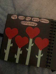 a notebook with hearts on it and the words my love for you grows everyday