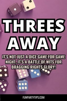 Spice up your next family fun night with Threes Away, the dice game that's fast-paced, exciting, and just the right mix of luck and strategy! Perfect for small groups, this game promises tons of fun and thrilling gameplay. Whether you're looking for a lively addition to game night or just a quick way to engage the family, Threes Away will have everyone rolling with excitement and anticipation! Card Game 31, Dice Games For Groups, Card Games For Adults Groups, Popular Games For Game Night, Fun Dice Games For Adults, 30 Seconds Game Cards, Easy Card Games For Groups, Candy Pass Game Questions, Card Games To Play With Friends