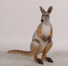 a toy kangaroo sitting on its hind legs and looking at the camera with an alert look