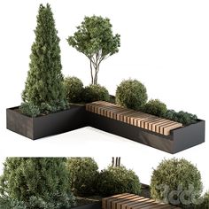 two different views of the same planter with trees and bushes in it, one is made out of plywood planks