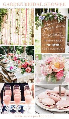 the garden bridal shower is filled with pink and white flowers, champagne glasses, plates, and menus