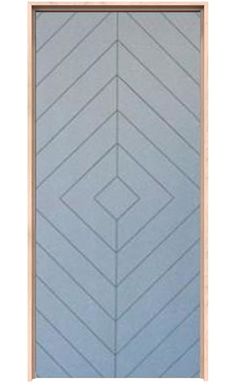 a blue door with an arrow pattern on the front and side panels, which are made out of wood