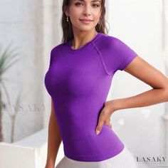 Lasaky - Seamless Round Neck Yoga Short Sleeve Outdoor Sports Top Fitness Breathable High Elastic Slim Fit Shirt High Stretch T-shirt For Gym, Fitted Seamless Tops For Training, Stretch Seamless Tops For Light Sports, Seamless Stretch Tops For Light Sports, Purple Sporty T-shirt For Workout, Compression Seamless Sports Top, Seamless Snug Fit Workout Top, Compression Seamless Sport Tops, Compression Seamless Tops For Sports