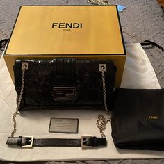 Excellent Condition Has Very Light Scratches On Hardware Adjustable Chain Size 10 1/2” W X 6” H Comes With Box, Dust Bag Id Card Has Black Sequins And Leather Trim On Top Gorgeous And Rare Bag. Please Ask Me Any Questions. Thank You Happy Shopping Fendi Beaded Baguette, Fendi Gold Bag, Fendi Beaded Baguette Bag, Fendi Sequin Bag, Fendi Guitar Bag, Gold Sequins, Fendi Baguette, Black Sequins, Fendi Bags