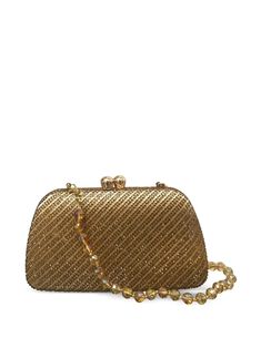 gold-tone satin finish crystal embellishment top clasp fastening single detachable beaded top handle main compartment This piece comes complete with a protective dust bag. Gold Pouch Clutch With Chain Strap, Gold Chain Strap Pouch Clutch, Luxury Gold Top Handle Evening Bag, Luxury Evening Clutch With Pearl Handle, Luxury Rectangular Clutch For Cocktail, Luxury Top Handle Evening Bag For Events, Luxury Evening Bag With Top Handle For Events, Luxury Clutch With Chain Strap For Galas, Luxury Clutch With Chain Strap For Gala