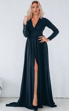 V-Neck 3-4 Sleeve Chiffon Floor-Length Dress With Ruched Top - Dorris Wedding Mermaid Ball Gowns, Mermaid Ball Gown, Prom Dress With Train, Dress With Ruching, Evening Gowns With Sleeves, Balloon Dress, A Line Evening Dress, Dress With Pleats, Plus Size Prom