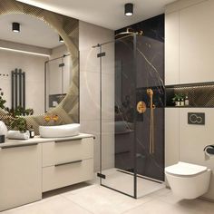 a modern bathroom with black and gold accents