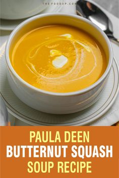 a bowl of butternut squash soup on a plate