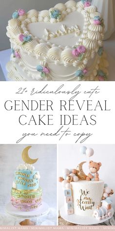 a collage of cakes with the words gender reveal cake ideas on top and below