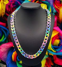 "Vivid Link": This hefty and beautiful Cuban Link-styled and Stainless Steel colorful chain comes in 2 different lengths, 18 inches and 24 inches plus an extender. Show the world your true COLORS. Multicolor Chunky Chain Link Jewelry, Multicolor Chain Necklaces For Gifts, Multicolor Chain Necklace For Gift, Multicolor Necklace For Gift, Trendy Colorful Necklace With Adjustable Chain, Multicolor Necklaces With Silver Chain For Gifts, Multicolor Necklaces With Silver Chain As Gift, Multicolor Necklace With Silver Chain As Gift, Multicolor Adjustable Chain Link Necklace