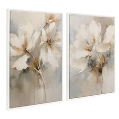 two white flowers on a gray background are featured in this pair of wall hangings