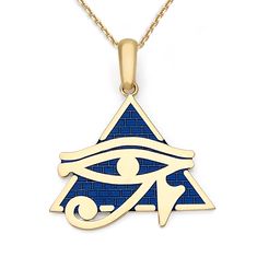 Love innovation? Looking for the new trend? We've taken fine jewelry and combined in with the art of enamel to produce eye popping pieces, adding much needed flavor to the traditional ways of jewelry. What are you waiting for? Differentiate yourself with this one of kind Eye of Horus Pyramid piece! Product Information Metal Type: 10k or 14k Yellow/Rose/White Gold Weight: 10k - 2.7 g | 14k - 2.8 g Pendant Size: Height - 1.25 inch | Width - 1 inch Enamel Color: Blue Chain Information Type: Rolo Ch Blue Engraved Amulet Style Jewelry, Blue Engraved Amulet Jewelry, Evil Eye Enamel Jewelry As A Gift, Evil Eye Enamel Jewelry Gift, Gold Enamel Amulet Jewelry, Traditional Gold Jewelry With Black Enamel, Symbolic Blue Engraved Necklaces, Symbolic Enamel Pendant Necklace, Symbolic Blue 14k Gold Jewelry