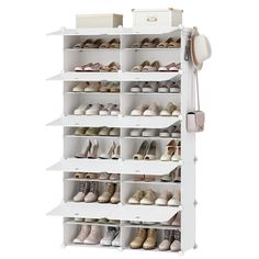 a white shoe rack filled with lots of shoes