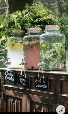 three jars filled with water and plants on top of a wooden table in the woods