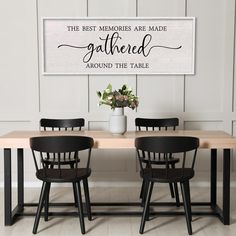 the best memories are made gathered around the table with black chairs and a white sign above it