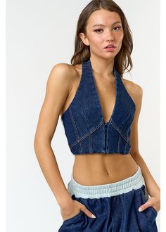 Experience comfort and style with our Stretch Denim Halter Top. This halter top features a hook and eye front for a secure fit, plus a halter neck design for a unique and chic look. Made from a blend of 95% cotton and 5% spandex, it offers a stretchy fit and ultimate comfort. Halter Tops Outfit, Denim Halter Top, Suede Tops, Hook And Eye, Crop Top Sweater, Chic Look, Crop Top Blouse, Romper Dress, Crochet Fashion