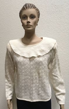 Vintage Sweater Leau Vive Lambswool Blend White Pullover Winter Blouse Career Casual Back to School New Soft and pretty off white sweater has shoulder pads and a large portrait collar. Sweater is new with tags.  Size Large approximate measurements  Bust underarm to underarm-40 inches  Length shoulder to hem- 23 inches  Made in Hong Kong  70% Lambswool 20% Angora Rabbit Hair 10% Nylon  Dry Clean Only  Always willing to consider reasonable offers! My environment is smoke free and pet free but I ca Classic White Pointelle Knit Sweater, Vintage Knitted Beige Tops, Vintage Beige Knitted Tops, Cream Knit Retro Top, Retro Cream Knit Tops, Cream Retro Knit Top, Cream Pointelle Knit Top For Winter, Vintage Cream Knit Tops, Vintage Cream Top For Fall