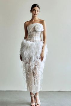 Gimaya Pegged Straight Across Neck Feathers Midi Dress | MEAN BLVD Unique Party Dress, Feather Fashion Design, Feather Wedding Dress, Italy Wedding Dress, Feathers Dress, 3d Dress, Dress With Feathers, Lace Pencil Dress, Mean Blvd