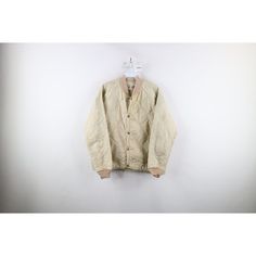 Vintage 50s 60s Streetwear Mens Large Distressed Blank Quilted Jacket Beige USA Mens Jacket Stains front bottom, left arm. Loose threads throughout. Color faded. USA made Mens size Large (no tags, see measurements) Measurements are: 23 inches underarm to underarm 23.5 inches top to bottom Beige Nylon Blend US Shipping is FREE Canada is $15 and International is $24 Check out my other items in my store! S955 Retro Cotton Outerwear For Spring, Vintage Cotton Sport Coat For Fall, Vintage Beige Long Sleeve Outerwear, 1950s Style Long Sleeve Vintage Outerwear, 1950s Vintage Long Sleeve Outerwear, 1950s Vintage Style Long Sleeve Outerwear, 1950s Long Sleeve Vintage Outerwear, Vintage Cotton Sport Coat For Work, Vintage Cream Outerwear With Button Closure