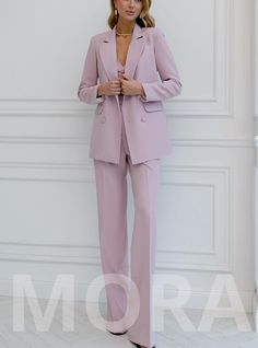 Three piece pantsuit for women: wide leg pants with high rise, Crop bustier top and lined blazer Please note suit measurements  Pants length outerseam is 45,6 inches or 116 cm Sleeve length 24 inches or 61 cm Blazer length 29,1 inches or 74cm Our Womens Blazer Trouser Suit for office, business meetings, formal events and special occasions. Also perfectly combines with sneakers so after a long and tiring business day you can change you heels to sneakers and still look chic. DETAILS -  wide leg pants -  high rise -  blazer is buttoned -  lined -  side pockets -  relaxed fit -  single breasted - crop top  MATERIAL Premium quality suiting fabric, consists of viscose, elastane and polyester  SIZES The model in photos is wearing a size S Available in 4 sizes: XS= 2 US numeric BUST 32-34 inches o Womens Formal Wear, Dusty Pink Blazer, Pink Pantsuit, Pantsuit For Women, Women Wide Leg Pants, Suit Measurements, Formal Wear Women, Trouser Suit, Womens Blazer