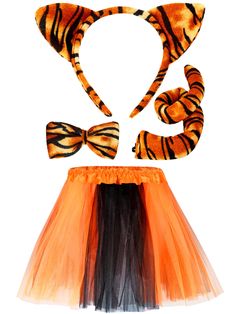 an orange tutu skirt and headband with tiger print on the top, two matching bow ties