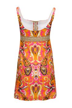 Get ready to groove in the Milly paisley print dress! This playful and flirty dress features a colorful paisley print with gold eyelet lace trim, perfect for a vacation dinner or a night out. Complete the look with wedge sandals and gold earrings. Size 4 100% Cotton Fully lined Invisible side zipper Gold eyelet trace trim Bust 32" Waist 29" Shoulder to hem 33" Vacation Dinner, Gold Paisley, Paisley Print Dress, Flirty Dresses, Eyelet Lace, Contemporary Fashion, Creative Fashion, Luxury Fabrics, Orange Pink