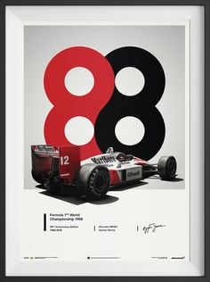 a framed poster with the number eight on it's front and side, featuring a race car