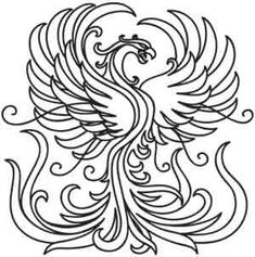 a black and white drawing of a bird with swirls on it's wings