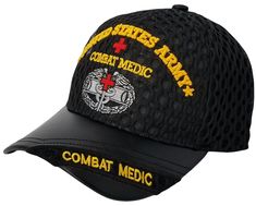 United States Army Combat Medic hat, quality embroidery, fits many men and some women with adjustable strap up to about 23 inch heads. Heavy duty construction. Caduceus emblem/logo. Black color. One size fits many men, some women. Adjustable hook and loop strap closure High Quality direct 3D Puff embroidery Mid-profile structured crown, 6 panel with curved standard length bill Stitched ventilation eyelets at the top to help keep your head cool and provide ventilation. Velcro Strap Button on Top