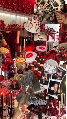 a collage of photos with red and white decorations on the walls, candles, plates, and pictures