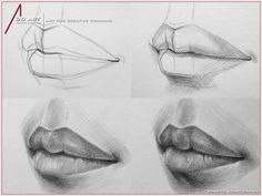 the steps to draw lips with pencils on paper, and then in photoshopped