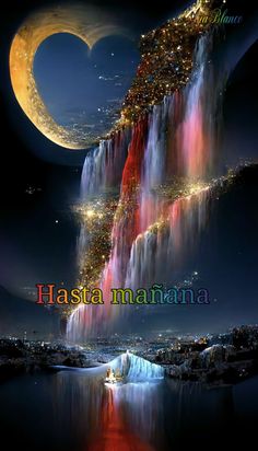 an image of a waterfall with the moon in the sky and words written below it