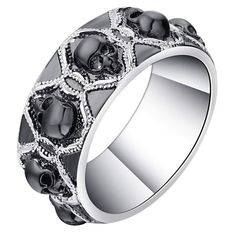 Skulls Black and Silver Plated Mens Unisex Wedding Band Occasional Ring From the Ginger Lyne Collection. Band Width: 8mm ; Metal Brass Size: 7.  Color: Metal Type.  Gender: female.  Age Group: adult. Skeleton Wedding Rings, Mens Skull Engagement Rings, Black Skull Ring, Evil Skull, Goth Ring, Gothic Skeleton, Skull Wedding Ring, Gothic Engagement Ring, Skull Engagement Ring