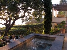 an outdoor hot tub in the middle of a garden with trees and bushes around it