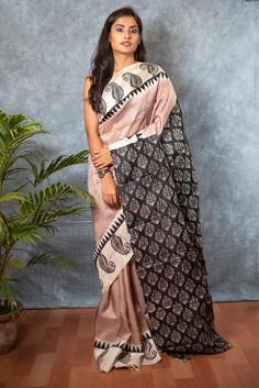 15% Off Sale, Black Pure, Light Peach, Pure Silk Sarees, Beautiful Saree, Mulberry Silk, Pure Silk, Silk Saree, Block Print