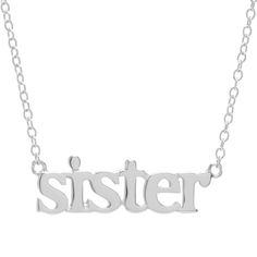 "Show off your sibling love with this sterling silver ""sister"" adjustable necklace! Show off your sibling love with this sterling silver ""sister"" adjustable necklace! NECKLACE DETAILS 16"" chain length 2"" extender length 0.2"" drop length Clasp: spring-ring Chain type: cable Metal: sterling silver Plating: rhodium Finish: polished Nickel free Phrase: ""Sister"" Size: 18"". Gender: female. Age Group: adult." Silver Adjustable Necklace For Best Friend Gift, Nickel Free Sterling Silver Name Necklace, Nickel-free Sterling Silver Name Necklace, Adjustable Silver Nickel-free Name Necklace, Adjustable Nickel-free Silver Name Necklace, Friendship Sterling Silver Charm Necklace, Adjustable Silver Name Necklace For Mother's Day, Adjustable Sterling Silver Name Charm Necklace, Adjustable Sterling Silver Name Charm Necklaces