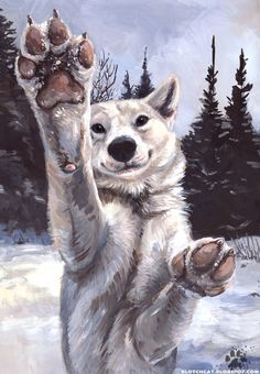 a painting of a polar bear raising his paw in the air with its paws up